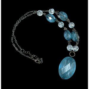 Translucent Blue Gemmed Beaded Pendant Necklace